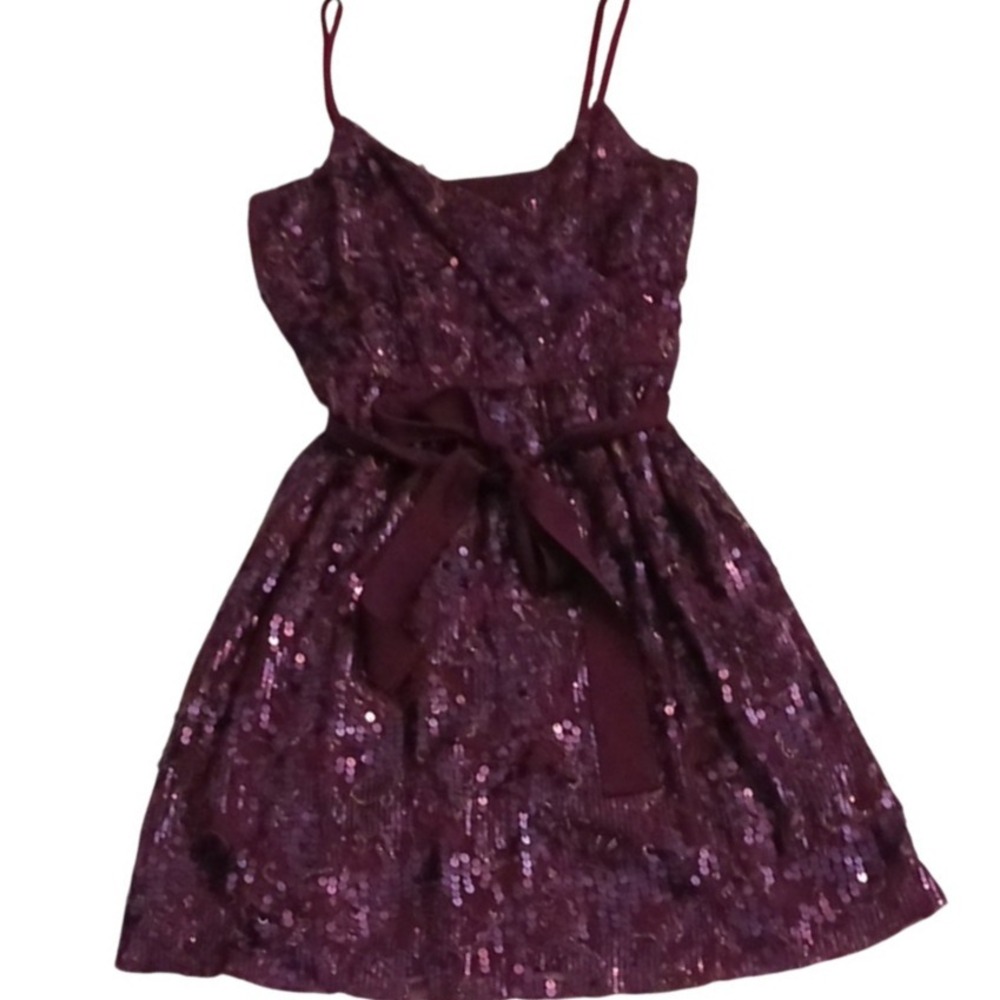 Express Purple Sequin Mini Party Dress Ribbon Belt Spaghetti Strap‎ Sleeveless S